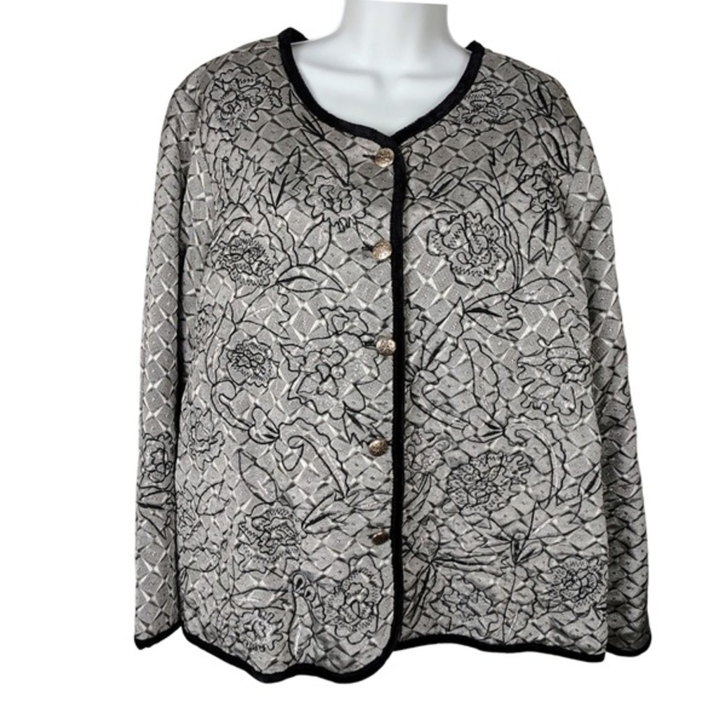 Silver Black Quilted Floral‎ Embroidered Button Jacket vtg shimmer metallic NOS
